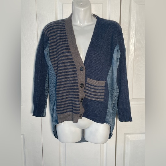 Gilded Intent Pieced Denim Cardigan Sweater Navy Gray Denim - Picture 4 of 11
